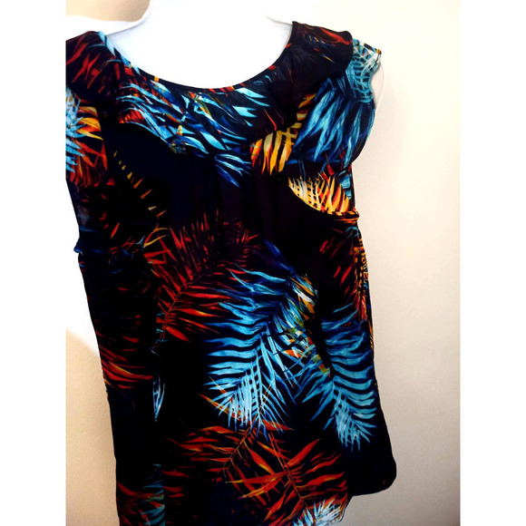 NWT Worthington Women Size S Multicolor Palm Black Tropical Print Ruffle Top - Picture 4 of 8